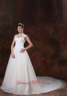 Organza High Neckline Bridal Dress With Appliques Decorate