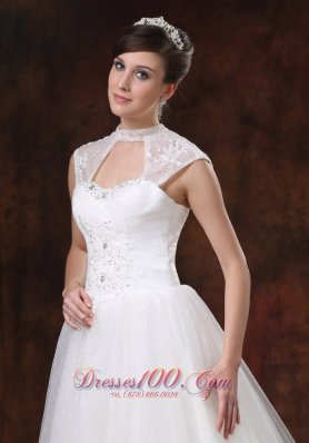 Organza High Neckline Bridal Dress With Appliques Decorate