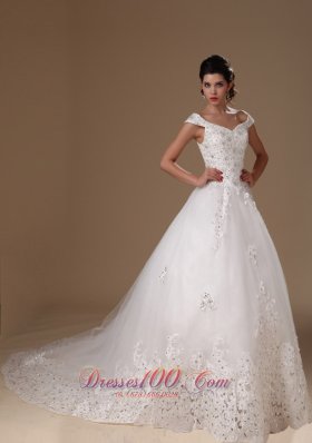 Appliques Tulle Off Shoulder Court Train Wedding Gown