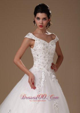 Appliques Tulle Off Shoulder Court Train Wedding Gown