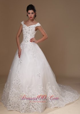 Appliques Tulle Off Shoulder Court Train Wedding Gown