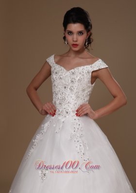 Appliques Tulle Off Shoulder Court Train Wedding Gown