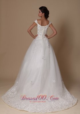 Appliques Tulle Off Shoulder Court Train Wedding Gown