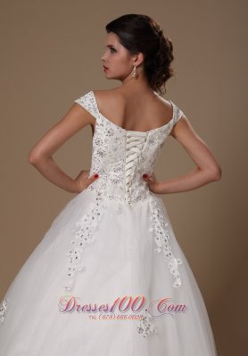 Appliques Tulle Off Shoulder Court Train Wedding Gown