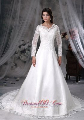 Chapel Train Satin and Lace Bridal Dress A-line V-neck