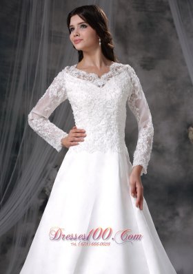 Chapel Train Satin and Lace Bridal Dress A-line V-neck