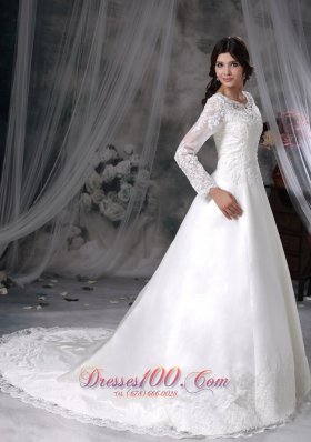 Chapel Train Satin and Lace Bridal Dress A-line V-neck