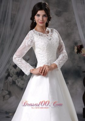 Chapel Train Satin and Lace Bridal Dress A-line V-neck