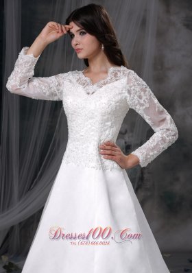 Chapel Train Satin and Lace Bridal Dress A-line V-neck