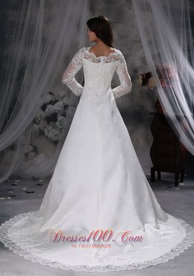 Chapel Train Satin and Lace Bridal Dress A-line V-neck