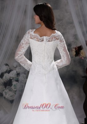 Chapel Train Satin and Lace Bridal Dress A-line V-neck