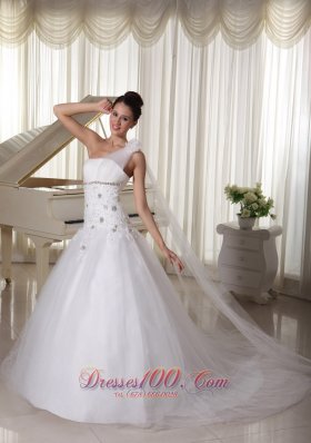 Appliques and Beading One Shoulder Wedding Gown Watteau Train