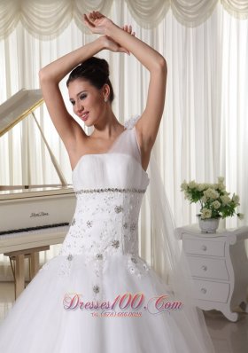 Appliques and Beading One Shoulder Wedding Gown Watteau Train