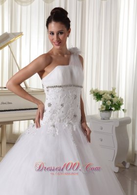 Appliques and Beading One Shoulder Wedding Gown Watteau Train