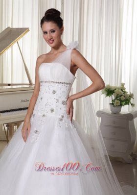 Appliques and Beading One Shoulder Wedding Gown Watteau Train