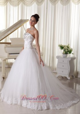 Strapless Satin and Tulle Beaded Sweep Train Bridal Gown