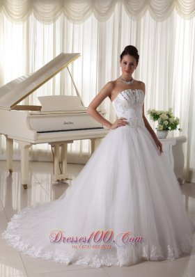 Strapless Satin and Tulle Beaded Sweep Train Bridal Gown