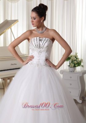 Strapless Satin and Tulle Beaded Sweep Train Bridal Gown