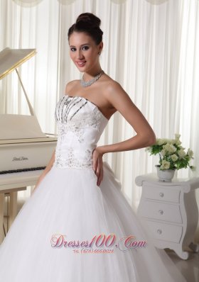 Strapless Satin and Tulle Beaded Sweep Train Bridal Gown