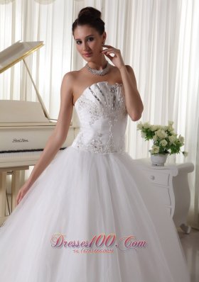 Strapless Satin and Tulle Beaded Sweep Train Bridal Gown