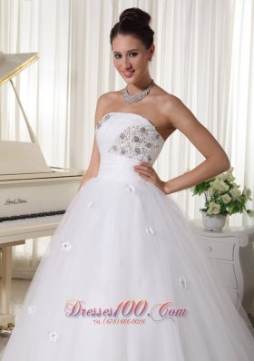 Beaded Strapless Hand Made Flowers Bridal Dress A-line