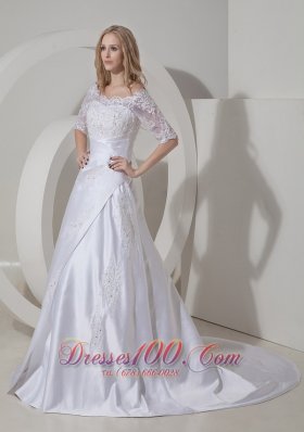 Scoop Neck Satin Princess Wedding Dress Chapel Train Lace