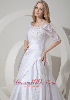 Scoop Neck Satin Princess Wedding Dress Chapel Train Lace