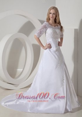 Scoop Neck Satin Princess Wedding Dress Chapel Train Lace