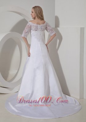 Scoop Neck Satin Princess Wedding Dress Chapel Train Lace