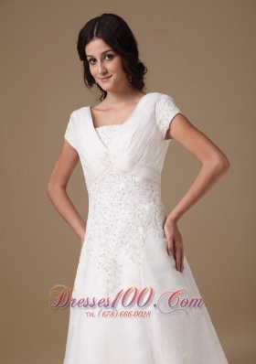 Organza and Taffeta Wedding Gown V-neck Appliques Court Train