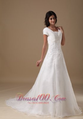 Organza and Taffeta Wedding Gown V-neck Appliques Court Train