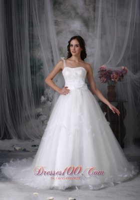 One Shoulder Beaded Bridal Dress Tulle Handle Flowers Watteau Train