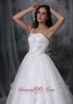 One Shoulder Beaded Bridal Dress Tulle Handle Flowers Watteau Train