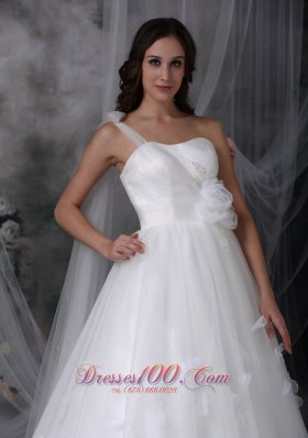 One Shoulder Beaded Bridal Dress Tulle Handle Flowers Watteau Train