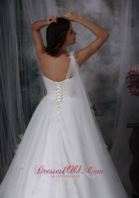 One Shoulder Beaded Bridal Dress Tulle Handle Flowers Watteau Train