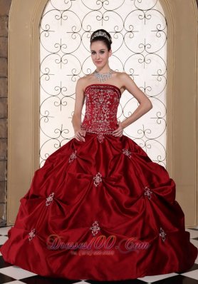 Wine Red Strapless Bridal Gown Pick-ups Embroidery Taffeta