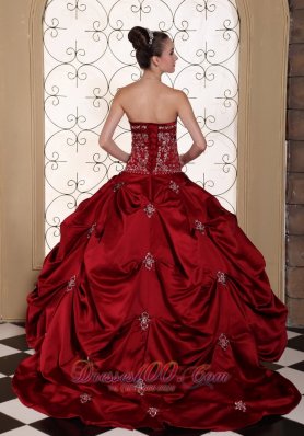 Wine Red Strapless Bridal Gown Pick-ups Embroidery Taffeta