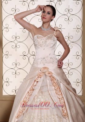 Champagne One Shoulder Bridal Dress Hand Made Flowers Embroidery