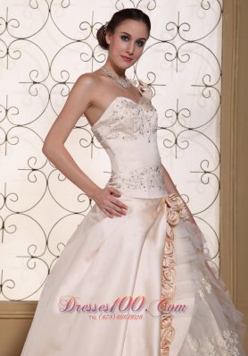 Champagne One Shoulder Bridal Dress Hand Made Flowers Embroidery