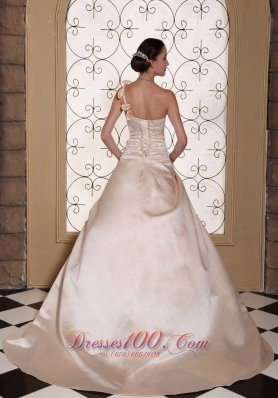 Champagne One Shoulder Bridal Dress Hand Made Flowers Embroidery