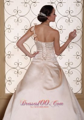 Champagne One Shoulder Bridal Dress Hand Made Flowers Embroidery