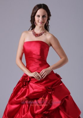 Strapless Wine Red Ball Gown Bridal Dress Court Train Pick-ups