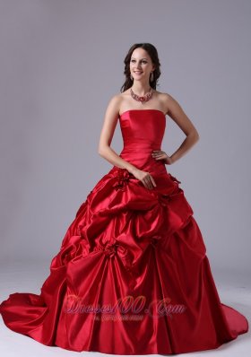 Strapless Wine Red Ball Gown Bridal Dress Court Train Pick-ups