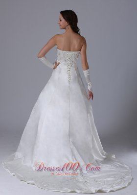 Strapless Embroidery Wedding Gown Ruched A-line Court Train