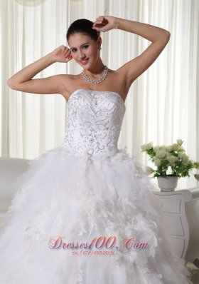 Chapel Train Strapless Embroidery Wedding Dress Satin and Organza