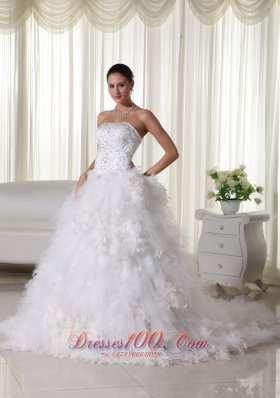 Chapel Train Strapless Embroidery Wedding Dress Satin and Organza