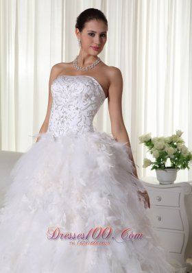 Chapel Train Strapless Embroidery Wedding Dress Satin and Organza