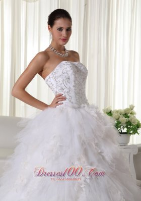 Chapel Train Strapless Embroidery Wedding Dress Satin and Organza