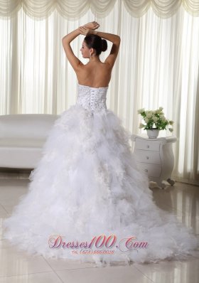 Chapel Train Strapless Embroidery Wedding Dress Satin and Organza