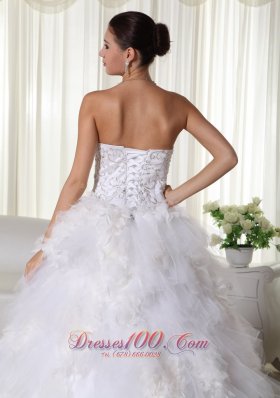 Chapel Train Strapless Embroidery Wedding Dress Satin and Organza